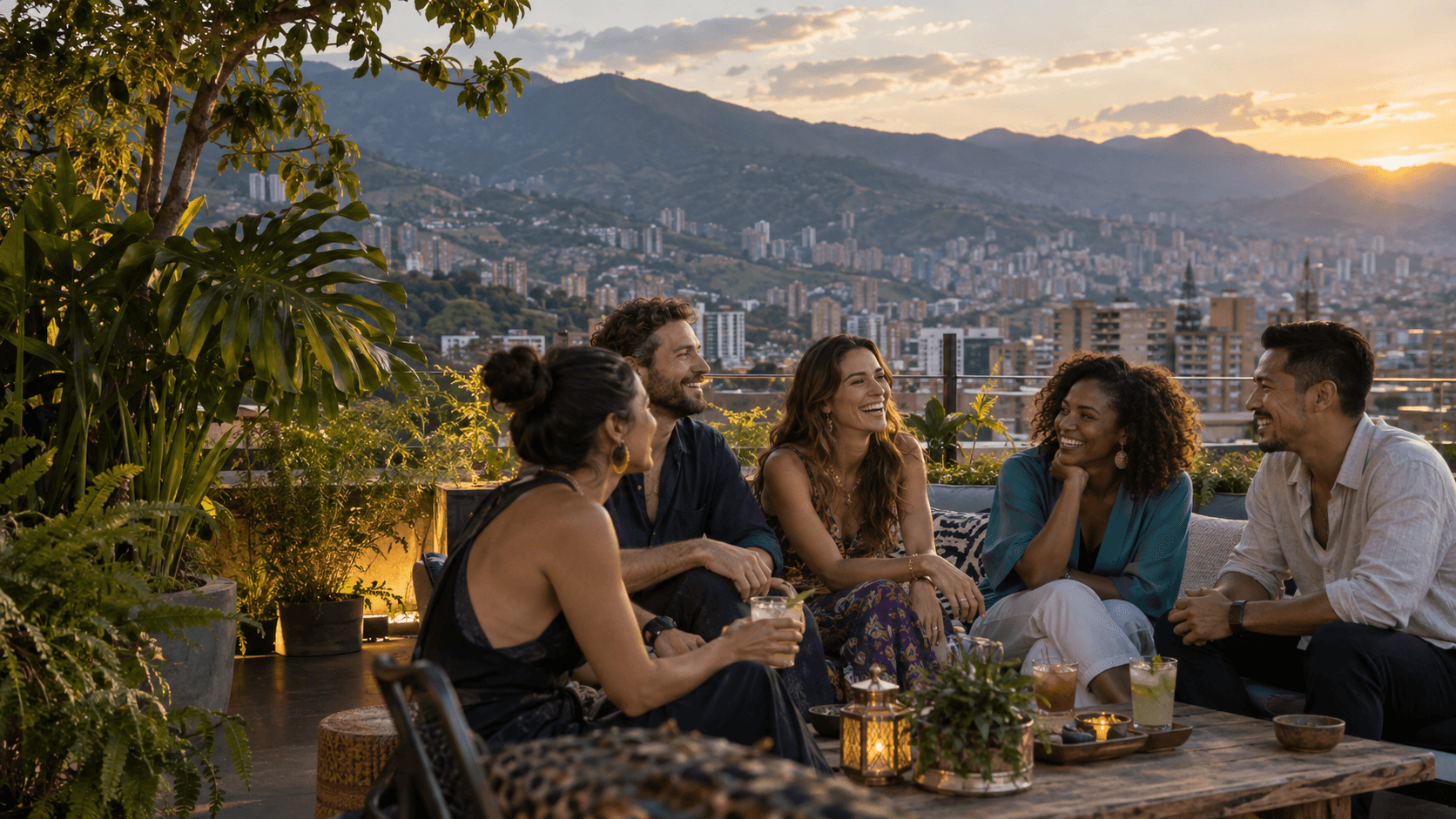 A group of adult travellers connecting in Medellín